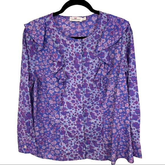 Vineyard Vines Floral Ruffle Button Front cotton Top Size 8 - Picture 1 of 13